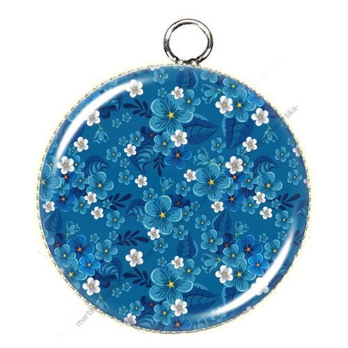 Pendentif cabochon fleur bleue 25 mm epoxy résine métal argenté 