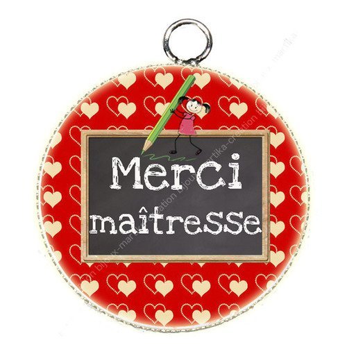 1 pendentif cabochon ø 25 mm merci maîtresse métal epoxy n°49 