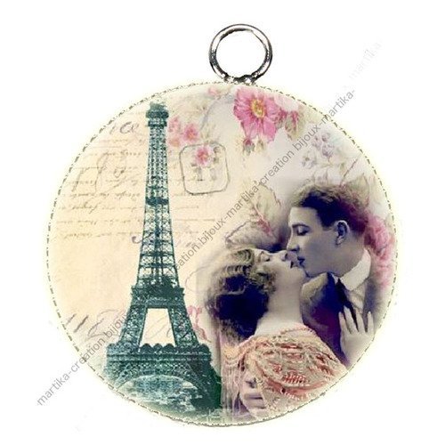 Pendentif charms cabochon métal et résine les amoureux de paris 25 mm n°51 