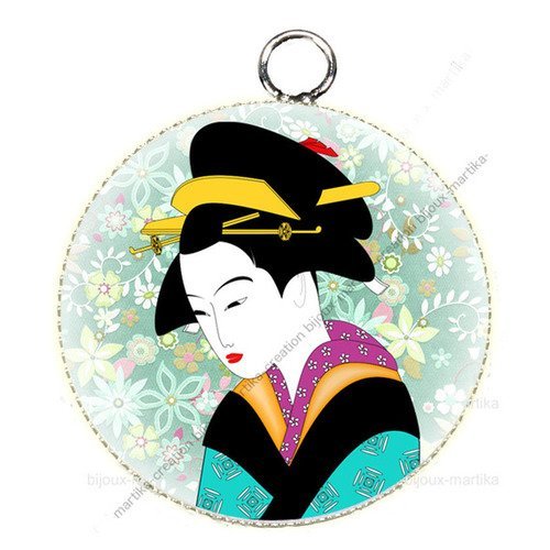 Pendentif cabochon métal et époxy 25 mm femme chinoise geisha n°51 