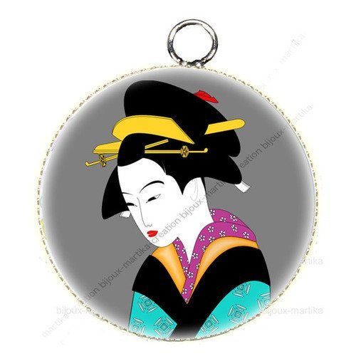 Pendentif cabochon métal et époxy 25 mm femme chinoise geisha n°50 
