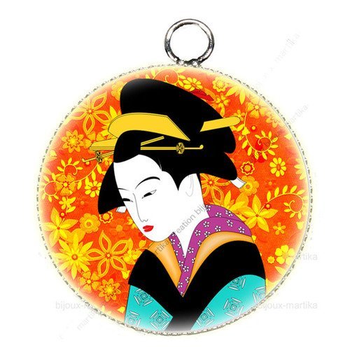 Pendentif cabochon métal et époxy 25 mm femme chinoise geisha n°48 