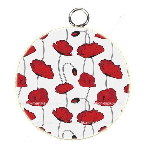 1 pendentif cabochon fleur coquelicot  résine métal n°55 