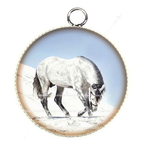 1 pendentif  25 mm argenté cabochon cheval epoxy résine métal n°63 