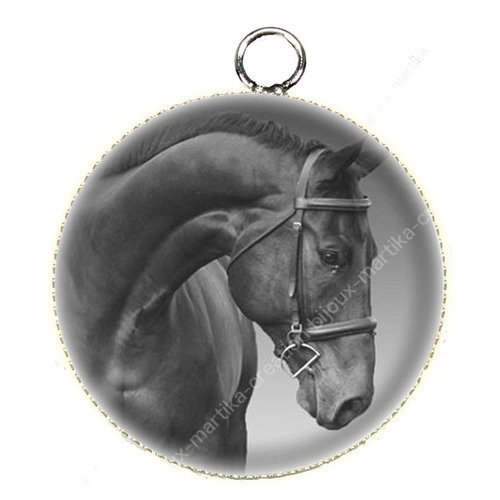 1 pendentif  25 mm argenté cabochon cheval epoxy résine métal n°58 