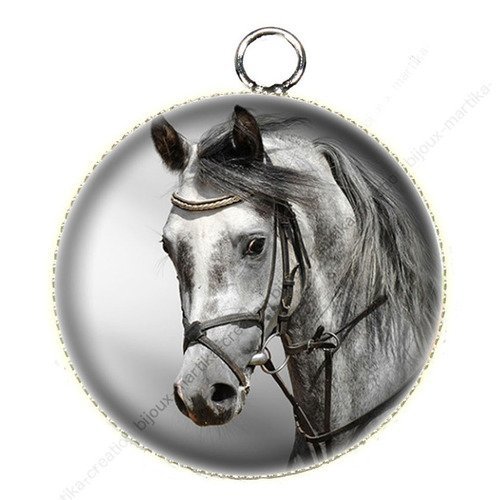 1 pendentif  25 mm argenté cabochon cheval epoxy résine métal n°47 