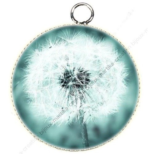 1 pendentif  argenté cabochon fleur pissenlit époxy résine métal n°71 