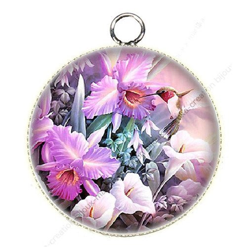 1 pendentif  argenté cabochon fleur epoxy résine métal n°52 