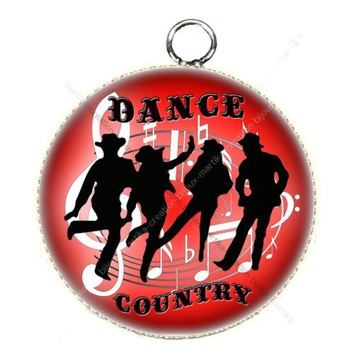 Pendentif cabochon métal et époxy 25 mm dance country fond noir n°35 