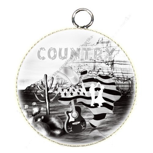 Pendentif cabochon métal et époxy 25 mm dance country fond noir n°29 