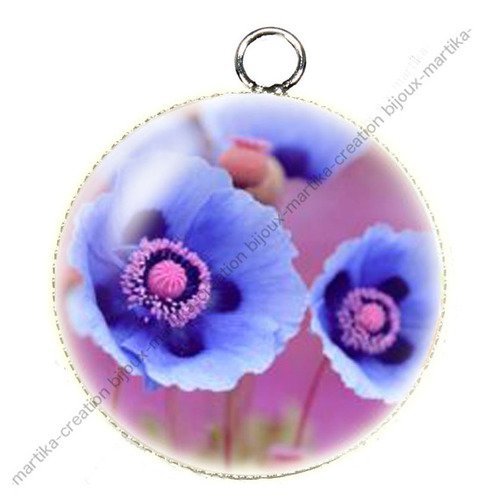 1 pendentif  argenté cabochon coquelicot  epoxy résine métal n°34 