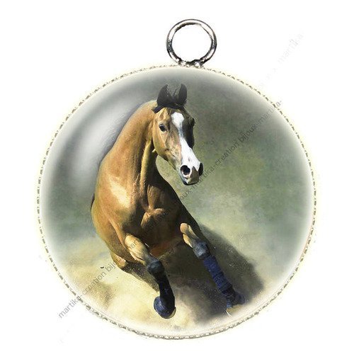 1 pendentif  25 mm argenté cabochon cheval epoxy résine métal n°33 