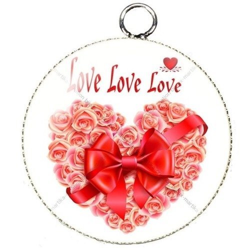 Pendentif cabochon metal et epoxy 25 mm &quot;love&quot; n°10 