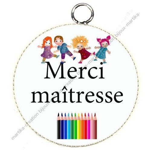 1 pendentif charms cabochon merci maîtresse métal epoxy 25 mm n°38 