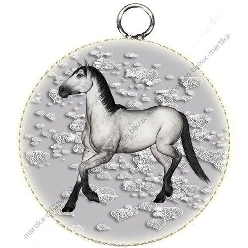1 pendentif  25 mm argenté cabochon cheval epoxy résine métal n°30 
