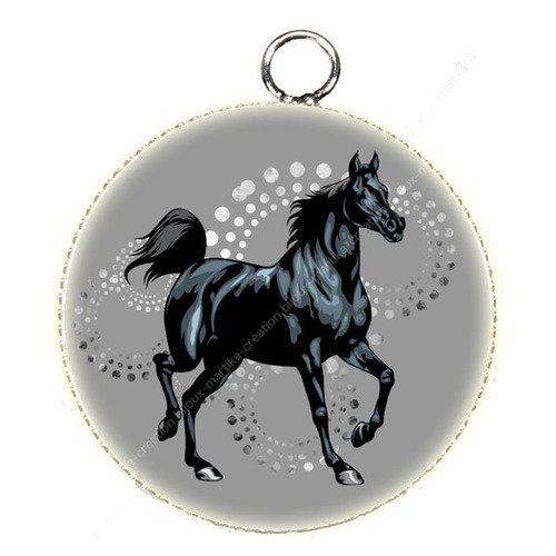 1 pendentif  25 mm argenté cabochon cheval epoxy résine métal n°24 