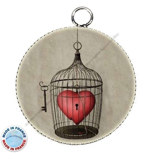 1 pendentif cabochon cage douceur coeur rouge metal argenté resine  n°1 