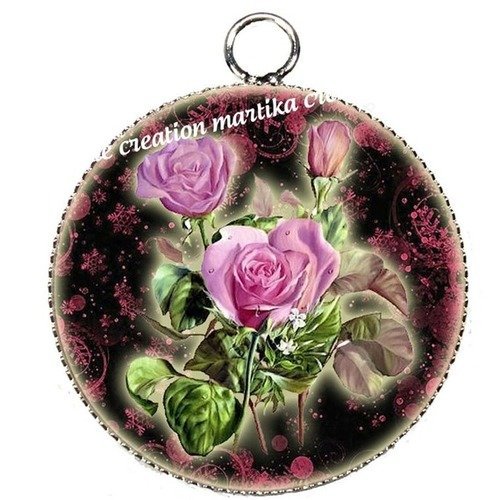 Pendentif cabochon fleur rose métal argenté et époxy 25 mm n°10 