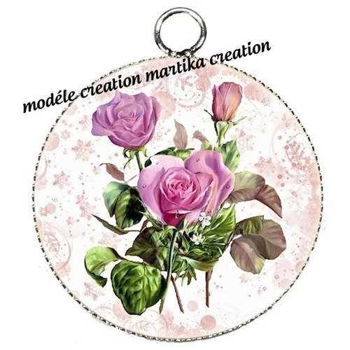 Pendentif cabochon fleur rose métal argenté et époxy 25 mm n°9 