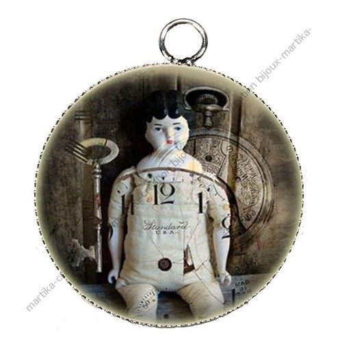1 pendentif  25 mm argenté cabochon steampunk doll epoxy résine métal n°9 