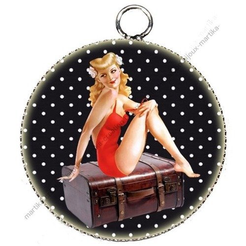 1 pendentif  25 mm argenté cabochon pin up epoxy résine métal n°19 