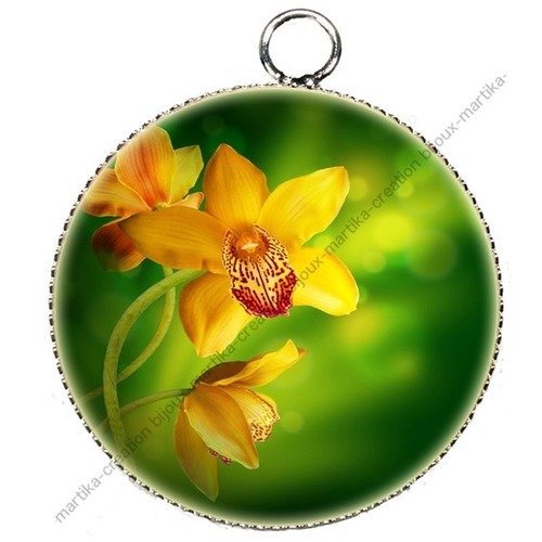 1 pendentif cabochon slognan 25 mm fleur orchidée n°3 fond vert 