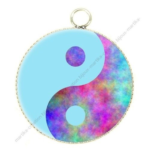 Pendentif cabochon yin yang métal argenté et époxy 25 mm n°4 