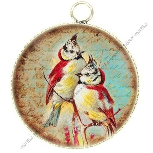 Pendentif cabochon oiseaux métal argenté et époxy 25 mm  n°5 