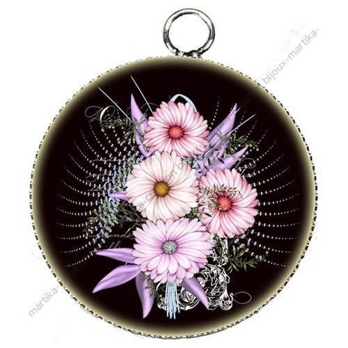 Pendentif  cabochon fleur  metal argenté et epoxy 25 mm n°17 