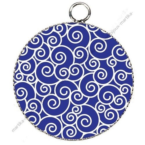 Pendentif  metal argenté pour cabochon spirale bleu 25 mm n°1 