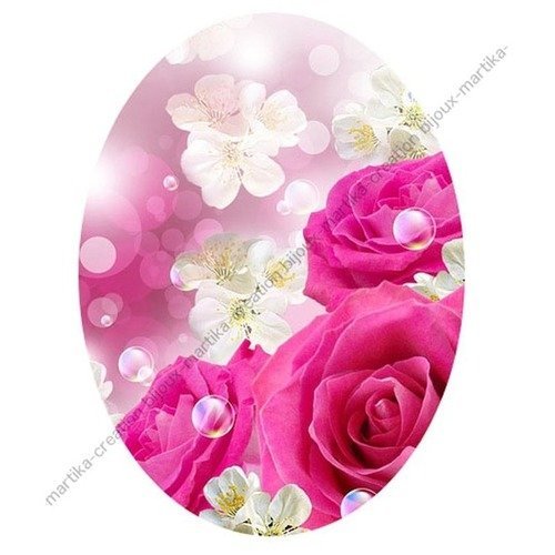 Cabochon ovale résine a coller de 25 x 18 mm fleur rose n° 1 