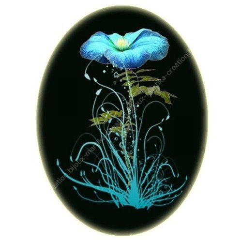 Cabochon ovale résine a coller de 25 x 18 mm fleur coquelicot turquoise n°1 