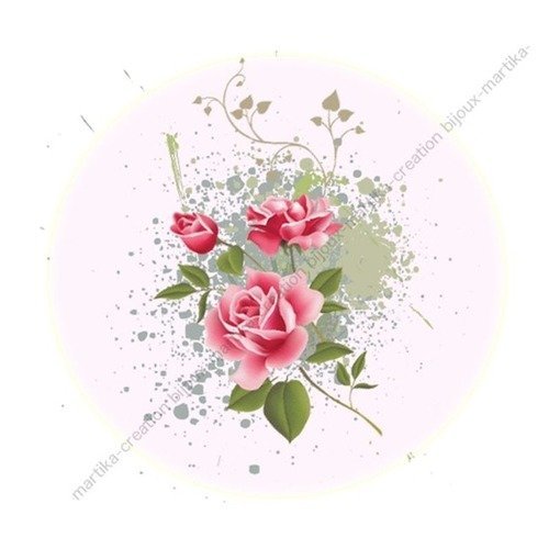 Cabochon résine a coller de 25 mm fleur rose fond blanc n° 1 
