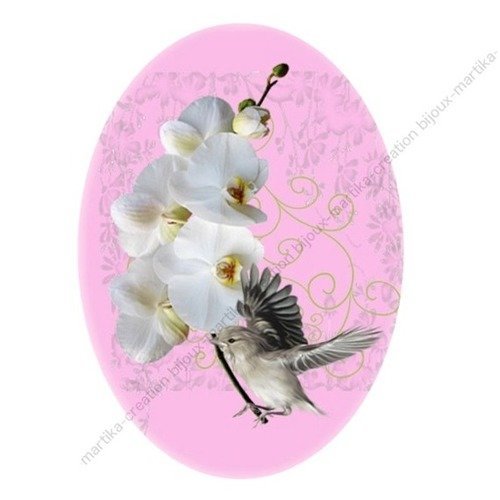 Cabochon ovale résine a coller de 25 x 18 mm fleur orchidée blanche fond rose n° 1 