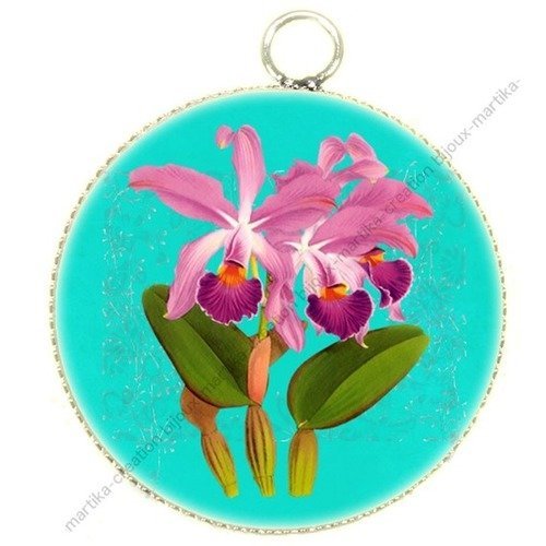 1 pendentif cabochon resine  fleur orchidée fond bleu turquoise  25 mm n°2 fait main 