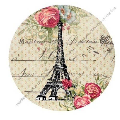 Cabochon a coller resine epoxy 25 mm &quot;paris et fleurs&quot; n°4 