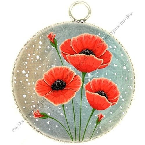 1 pendentif  argenté cabochon coquelicot  epoxy résine métal n°4 