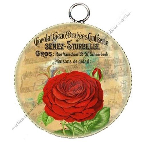 Pendentif cabochon metal et epoxy 25 mm &quot;les roses&quot; n°2 