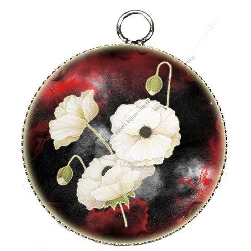 Pendentif charms breloque cabochon metal et  résine epoxy coquelicot  25 mm n°026 