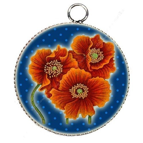 Pendentif charms breloque cabochon metal et  résine epoxy coquelicot  25 mm n°014 