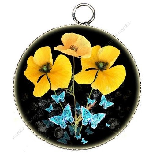 Pendentif charms breloque cabochon metal et  résine epoxy coquelicot  n°018