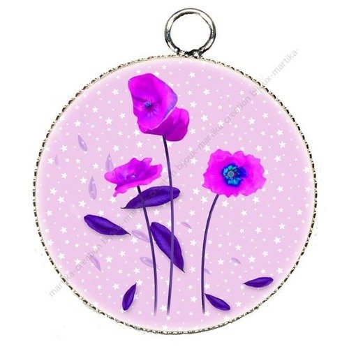 Pendentif charms breloque cabochon metal et  résine epoxy coquelicot  n°015