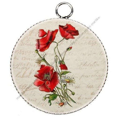 Pendentif charms breloque cabochon metal et  résine epoxy coquelicot  25 mm n°20