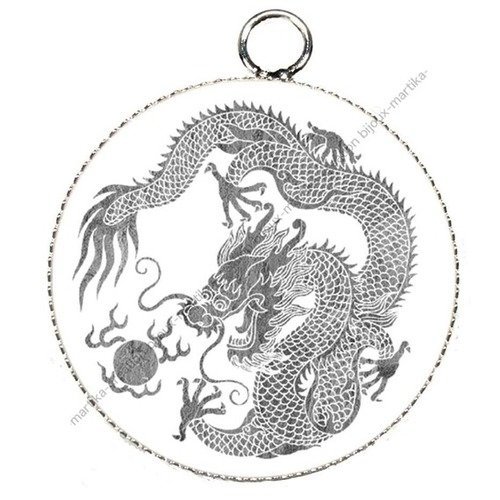 Pendentif cabochon metal argenté et image epoxy 25 mm dragon création artisanal dra5
