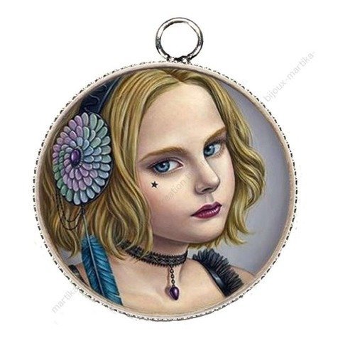 Pendentif charms cabochon metal et  résine epoxy jeune fille 25 mm n°15