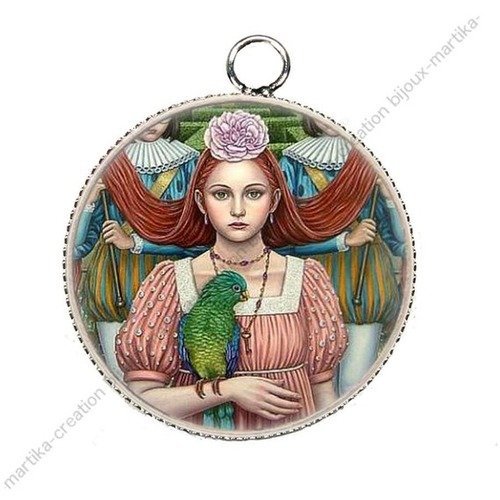 Pendentif charms cabochon metal et  résine epoxy jeune fille 25 mm n°7