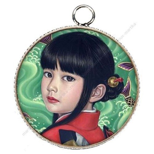 Pendentif charms cabochon metal et  résine epoxy jeune fille 25 mm n°1