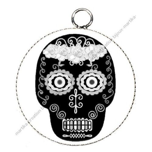 Pendentif cabochon métal et époxy 25 mm tête de mort creation française tn°c9