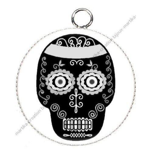 Pendentif cabochon métal et époxy 25 mm tête de mort creation française tn°c8