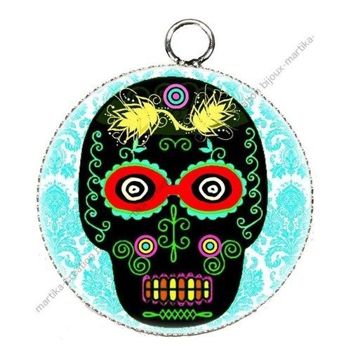 Pendentif cabochon métal et époxy 25 mm tête de mort creation française tn°c3